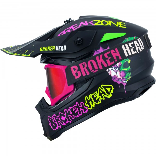 Broken Head Crosshelm FreakZone Schwarz-Pink-Grün + MX-2 Cross-Brille